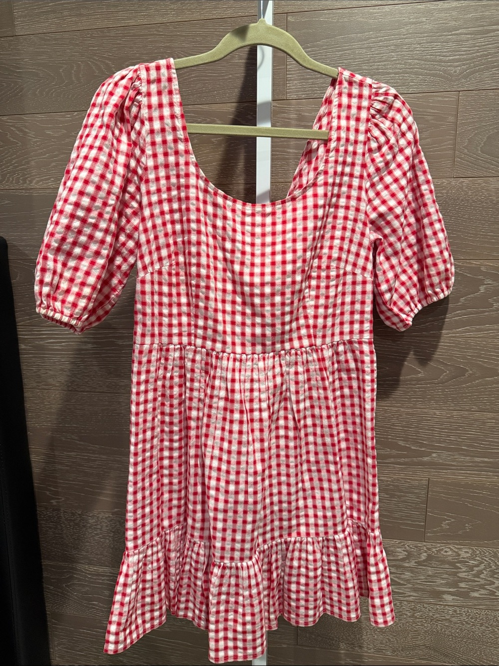 LOFT Red and White Gingham Puff-Sleeve Tiered Dress